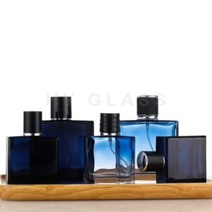 Custom flat square blue glass perfume bottle